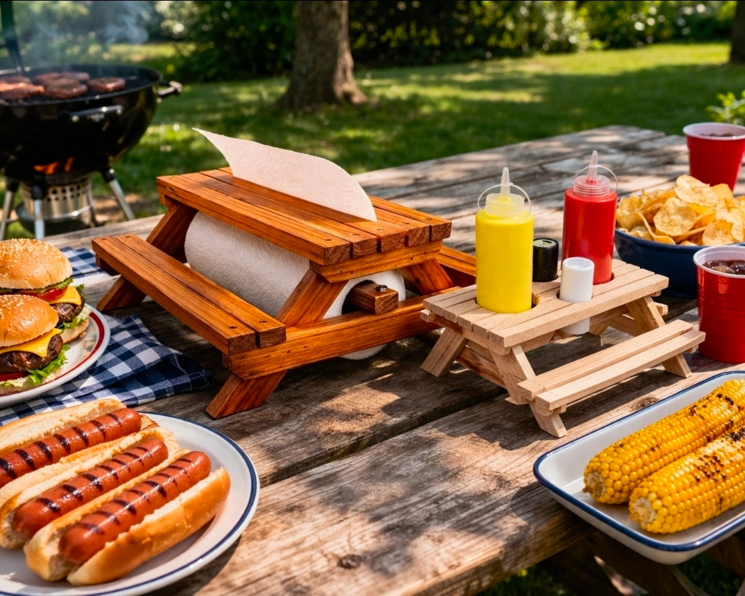 Mini condiment and paper towel picnic tables