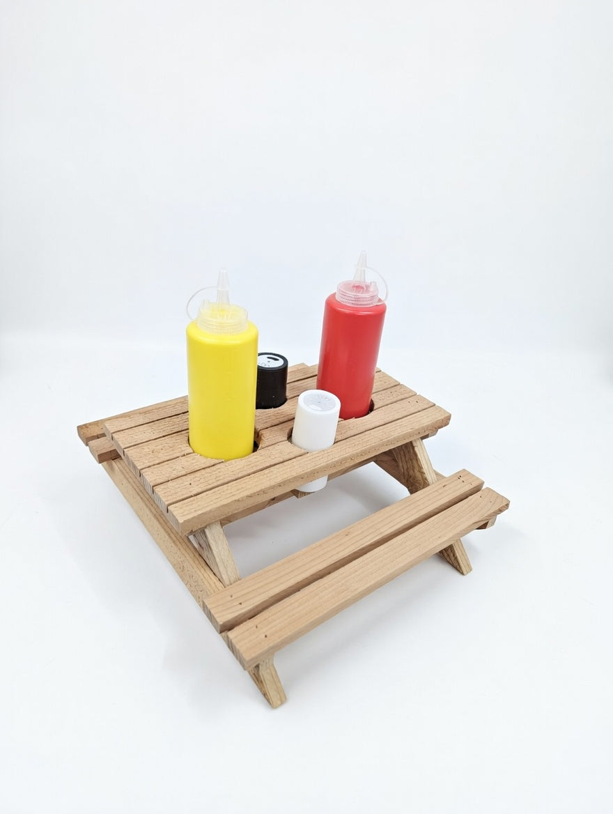 Mini condiment and paper towel picnic tables