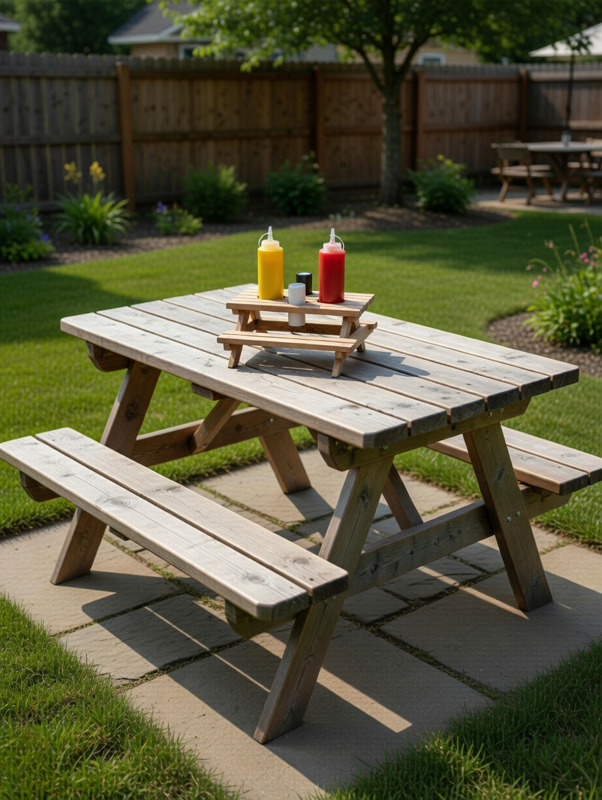 Mini condiment and paper towel picnic tables